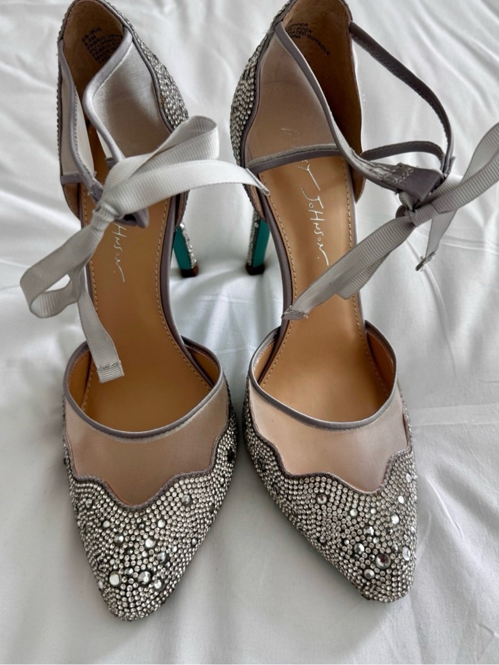 Betsey Johnson Silver Crystal Pointed-Toe Ribbon Heels
